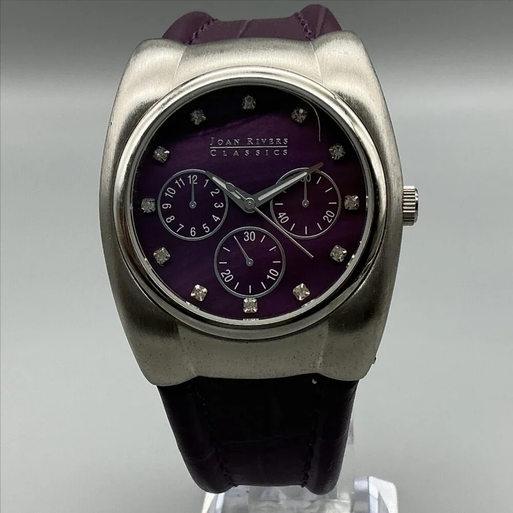 Joan Rivers Classics Women Watch 38mm Silver Tone Purple Leather New Battery